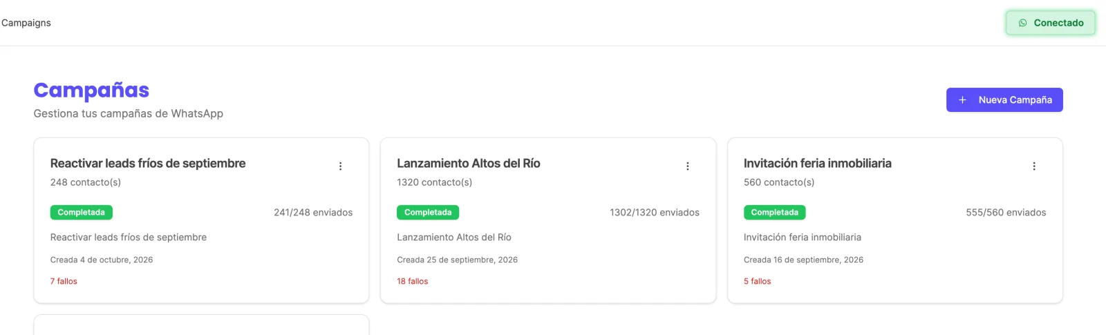 Pantalla de campañas de seguimiento