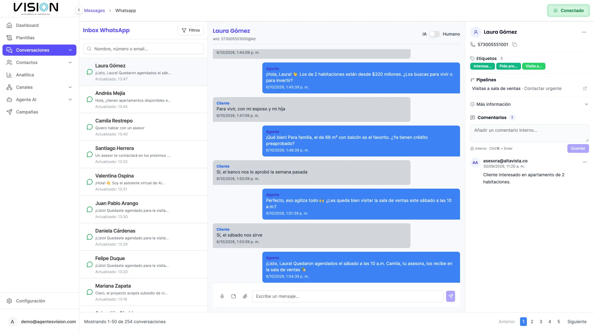 Bandeja de conversaciones del CRM de Vision con el interruptor entre IA y asesor